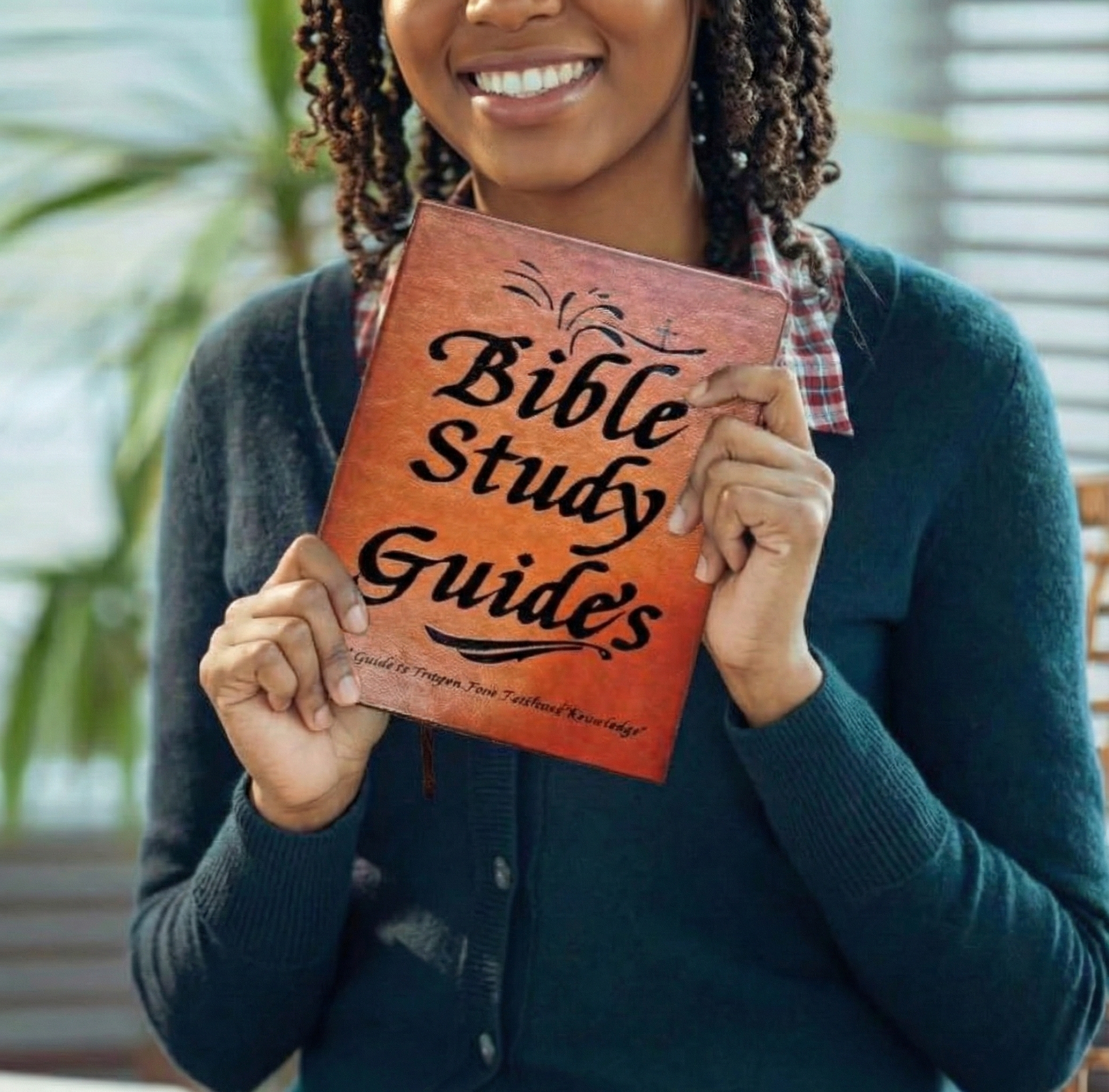 A smiling woman holds a brown book titled 'Bible Study Guides' in front of her chest.