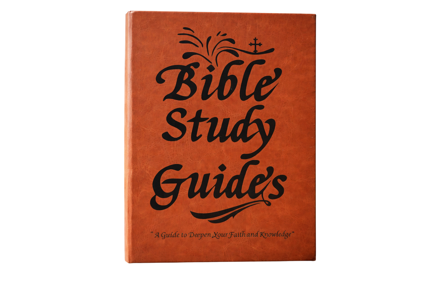 A brown, leather-like book titled 'Bible Study Guides' in black script on a black background.