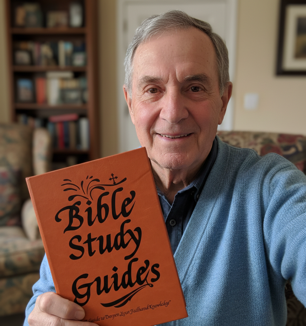 A smiling older man in a blue cardigan holds up an orange book titled 'Bible Study Guides'.