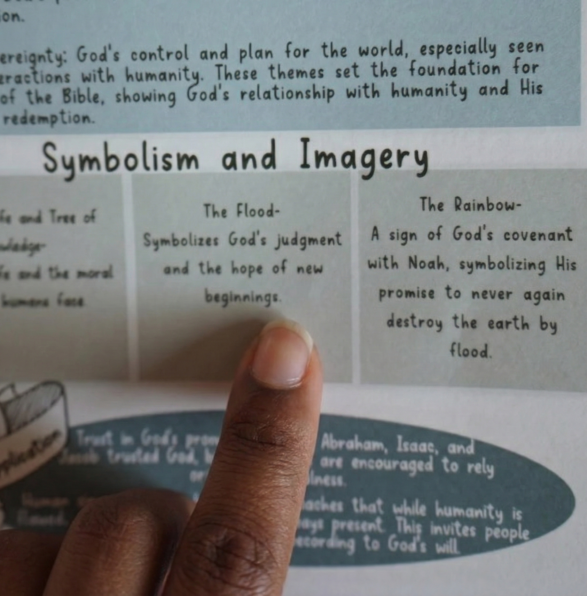 A finger points to a chart explaining symbolism, hovering over the description of 'The Flood'.