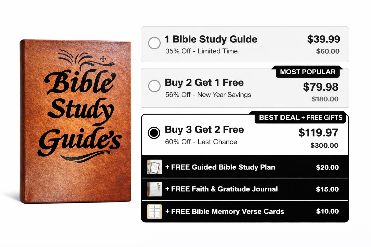 An advertisement showing a 'Bible Study Guides' book with three different purchasing options and prices.
