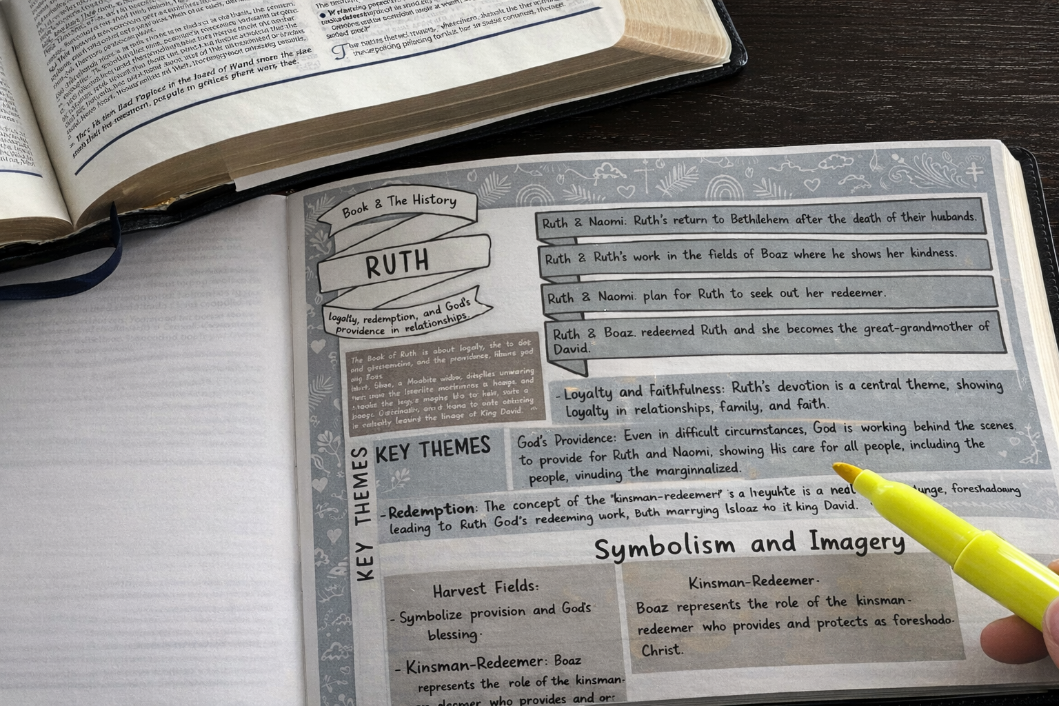 A person studying the book of Ruth with an open Bible, a journal, and a yellow highlighter.