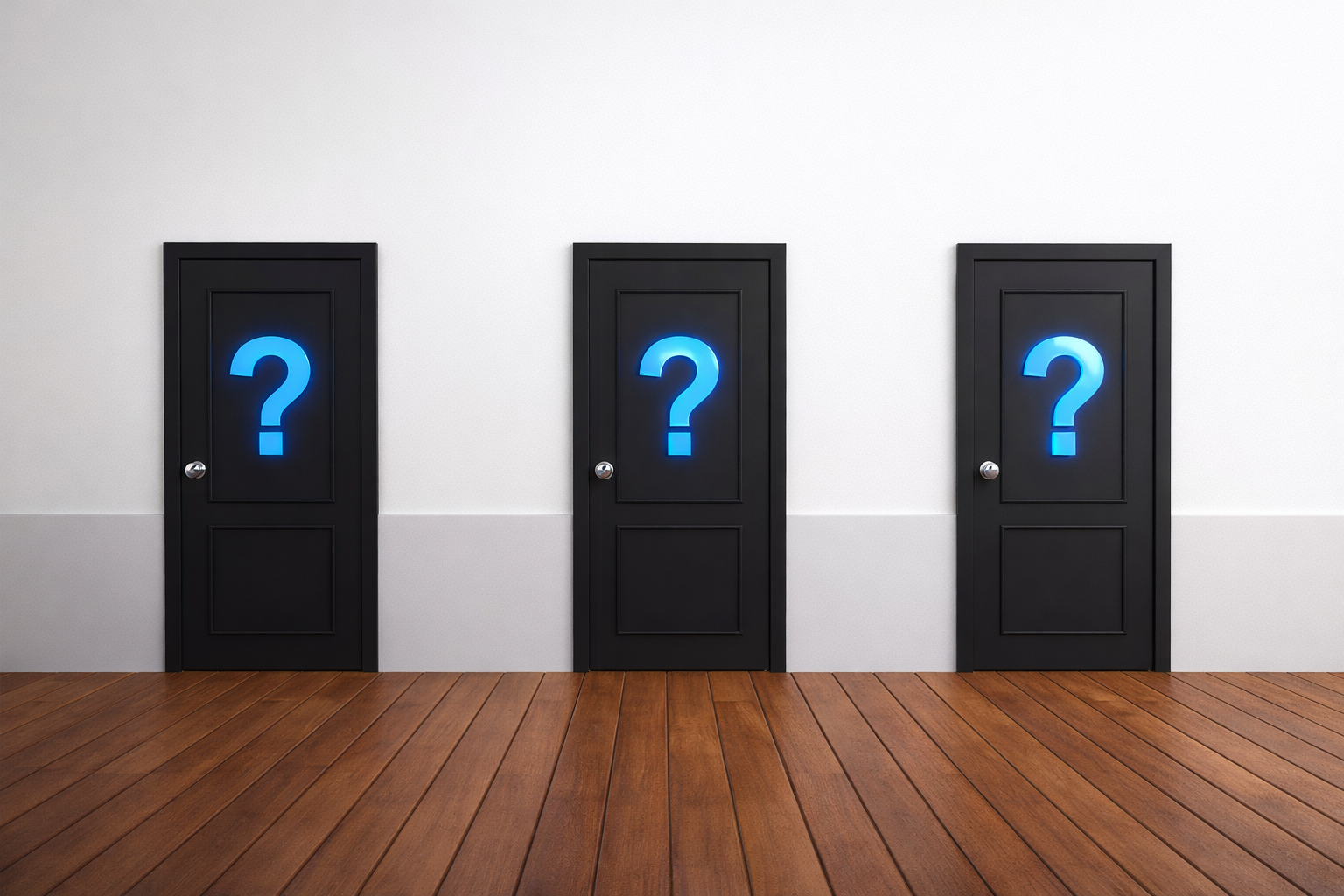 Three black doors against a white wall, each with a glowing blue question mark in the center.