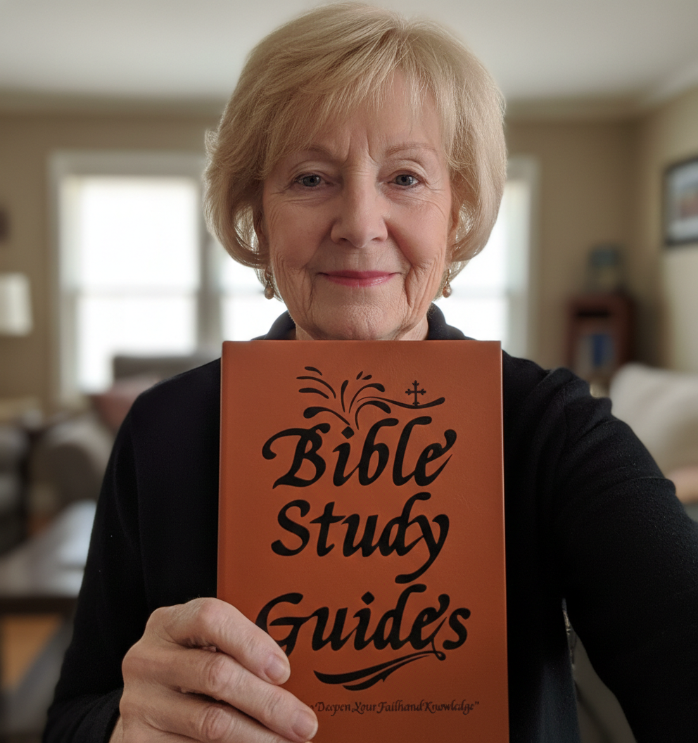 A smiling older woman holds up an orange book titled 'Bible Study Guides'.