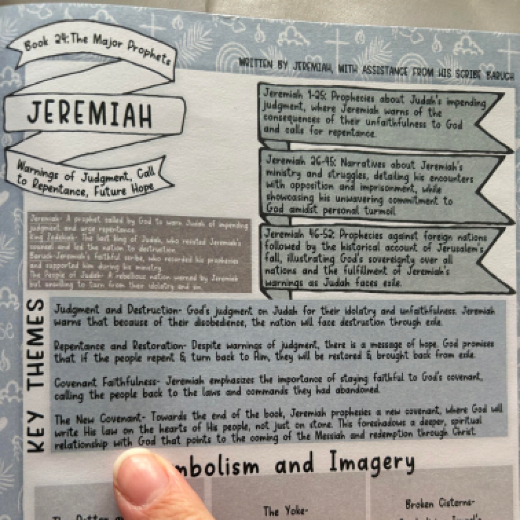 A hand-drawn study guide page about the book of Jeremiah, with a finger pointing at the text.