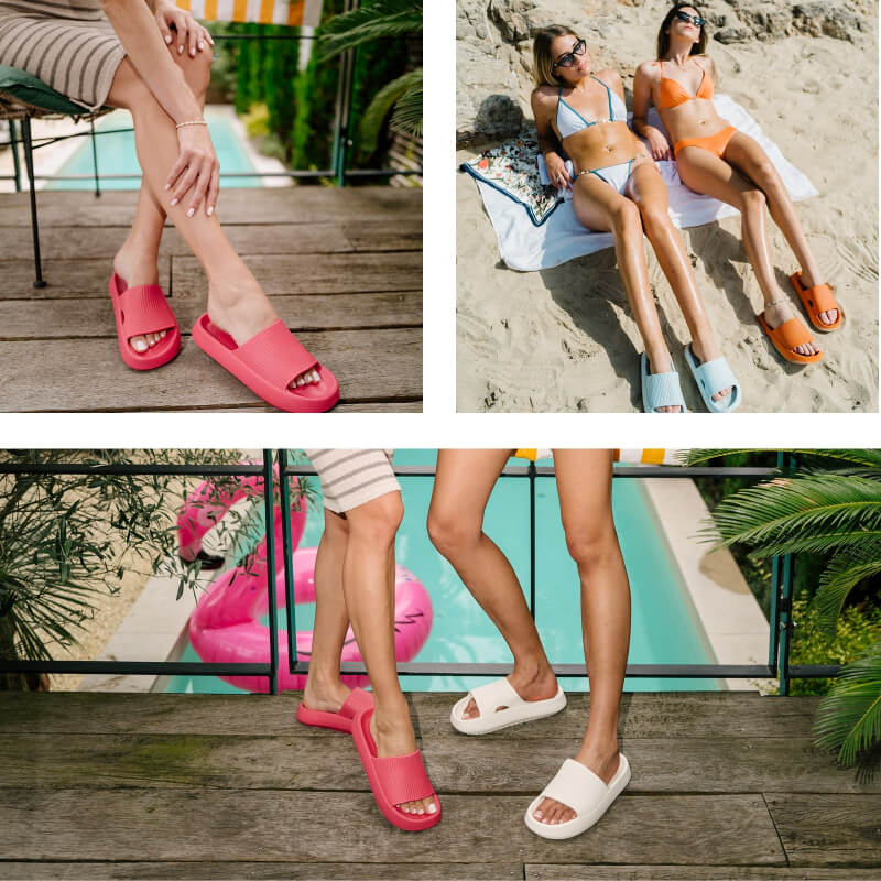 Collage of people wearing colorful slides by a pool and on a beach.
