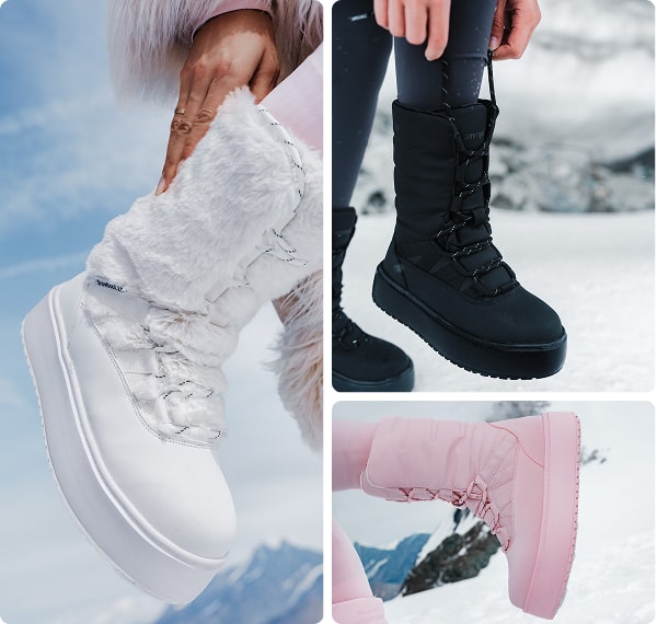 Collage van witte, zwarte en roze winterlaarzen op een besneeuwde achtergrond.