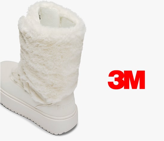 Witte, met bont gevoerde laars met 3M logo op een witte achtergrond.