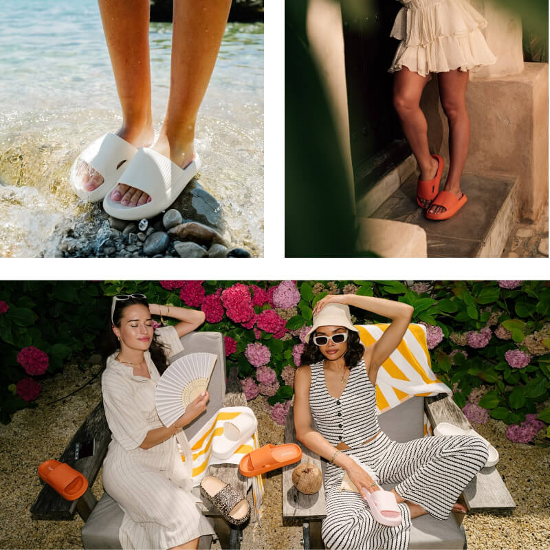 Collage of people wearing colorful sandals in various outdoor settings.