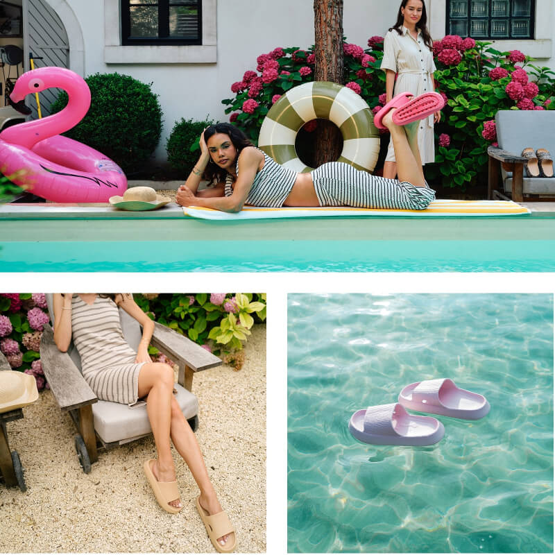 Collage of women by a pool, inflatable flamingo, and floating sandals.
