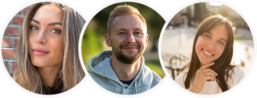 Three people smiling in separate circular frames.