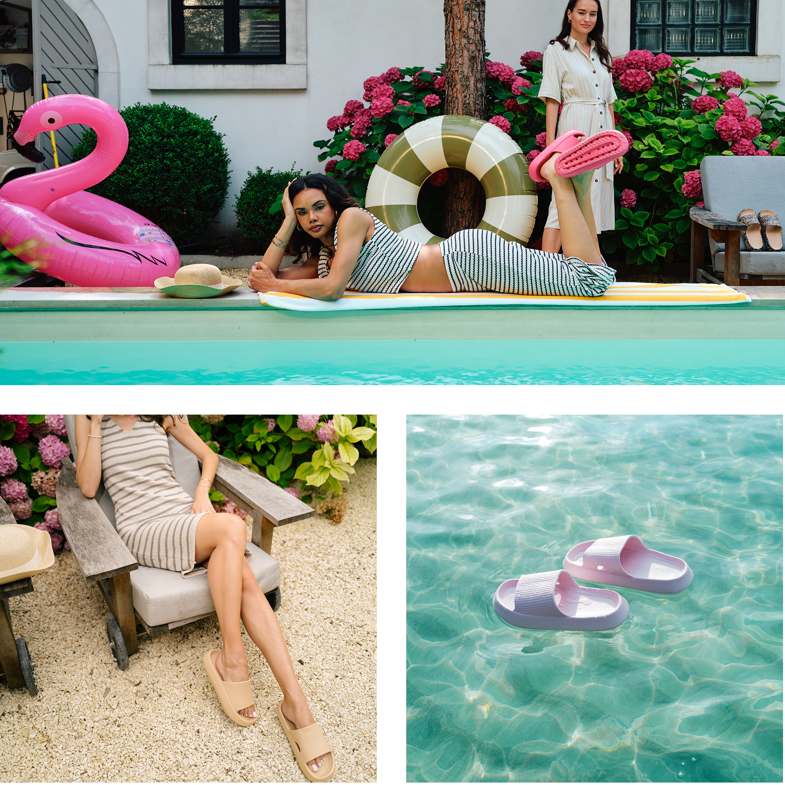 Collage of people wearing sandals in various outdoor settings.