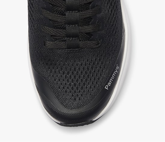 Close-up of a black sneaker with white sole and 'Pammy's' text.