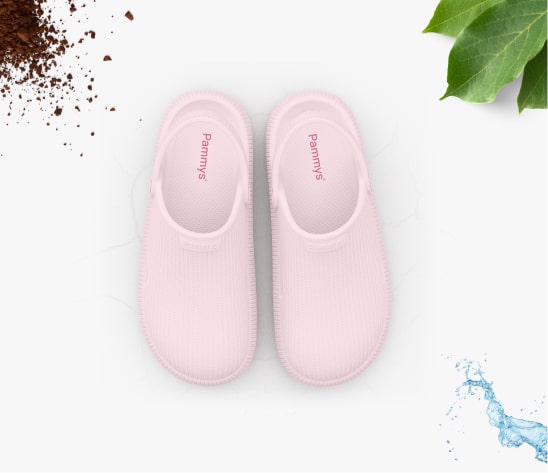Pair of pink slip-on shoes with text 'Pammy's' on a white background.
