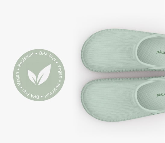 Top view of mint green shoes with a vegan, BPA-free label.