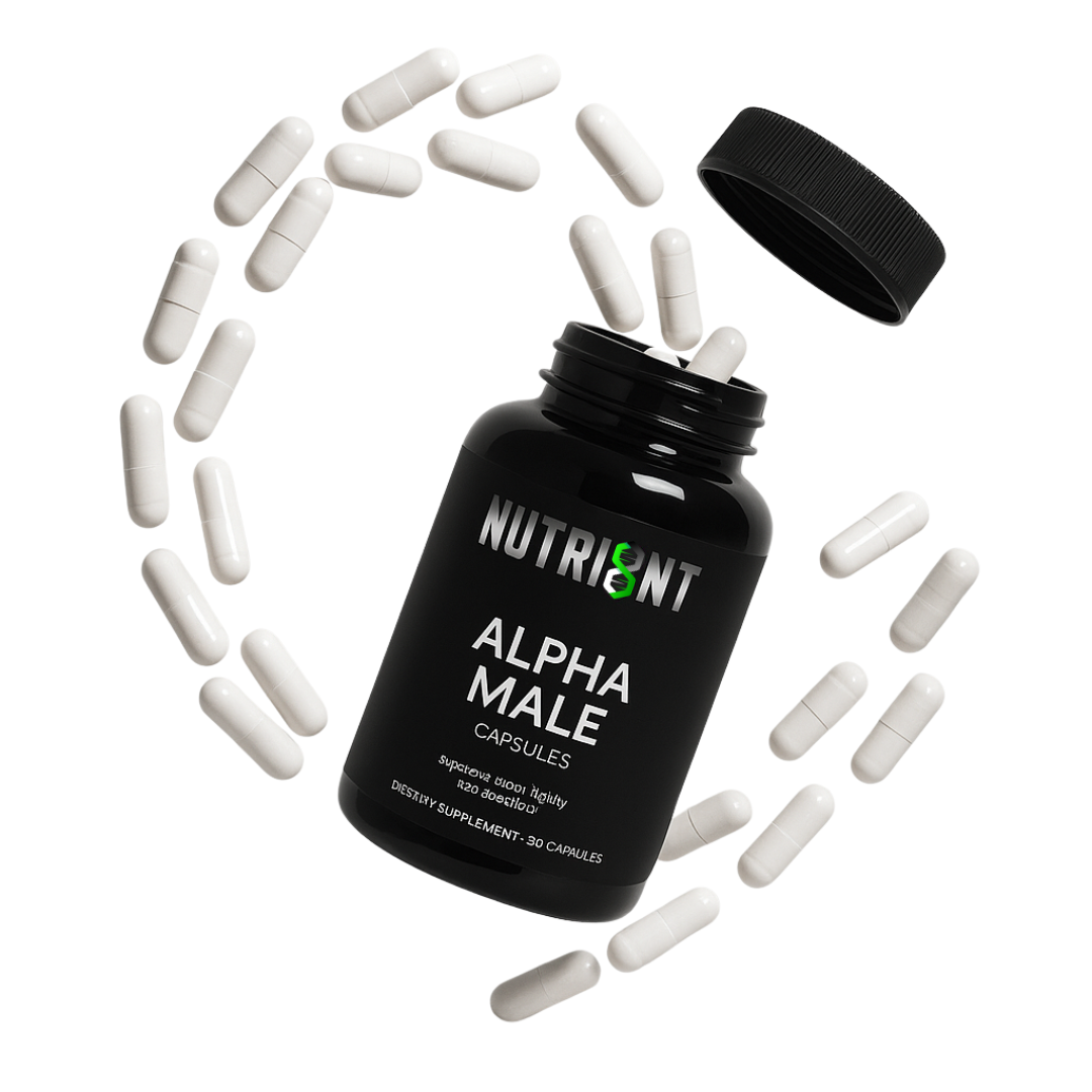 Black bottle labeled 'Alpha Male' with scattered white capsules.