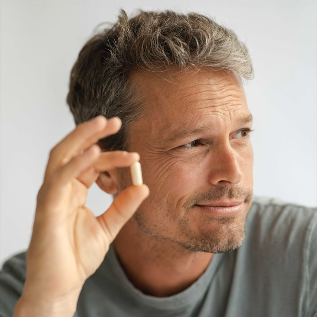 Man holding a small capsule, looking to the side.