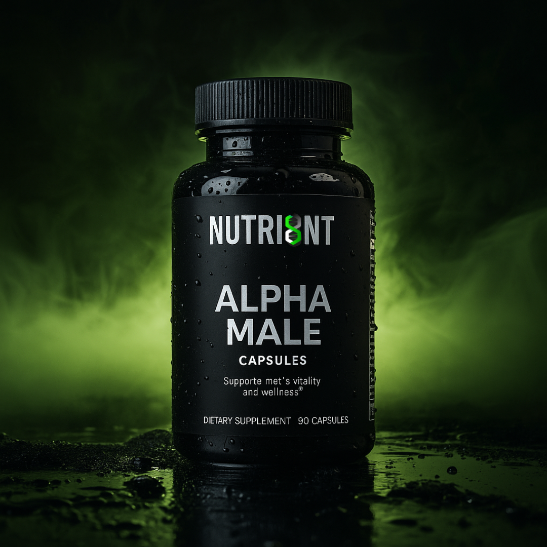 Black bottle labeled 'Alpha Male Capsules' with green mist background.