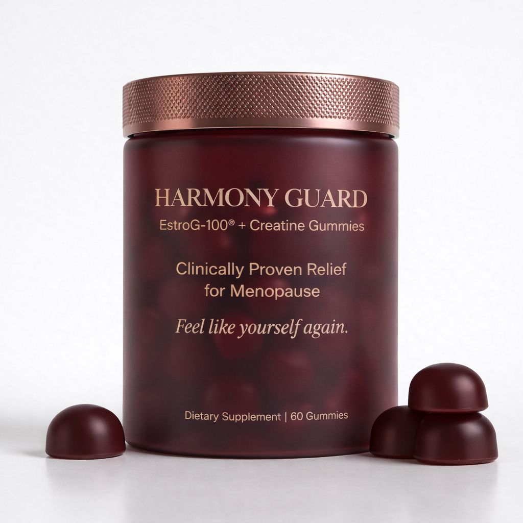 A dark red bottle of Harmony Guard menopause relief gummies with a few gummies beside it.