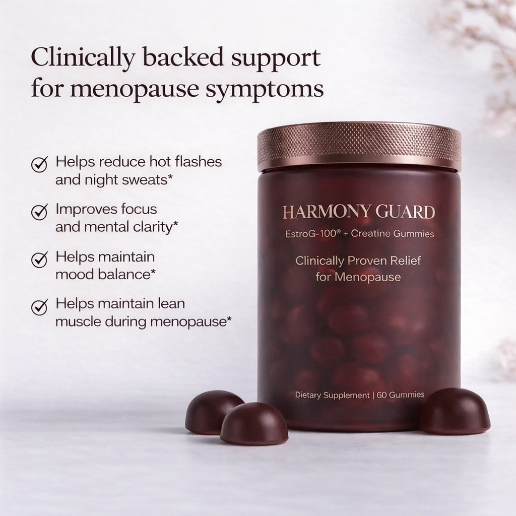 A bottle of Harmony Guard menopause relief gummies next to a list of its benefits.