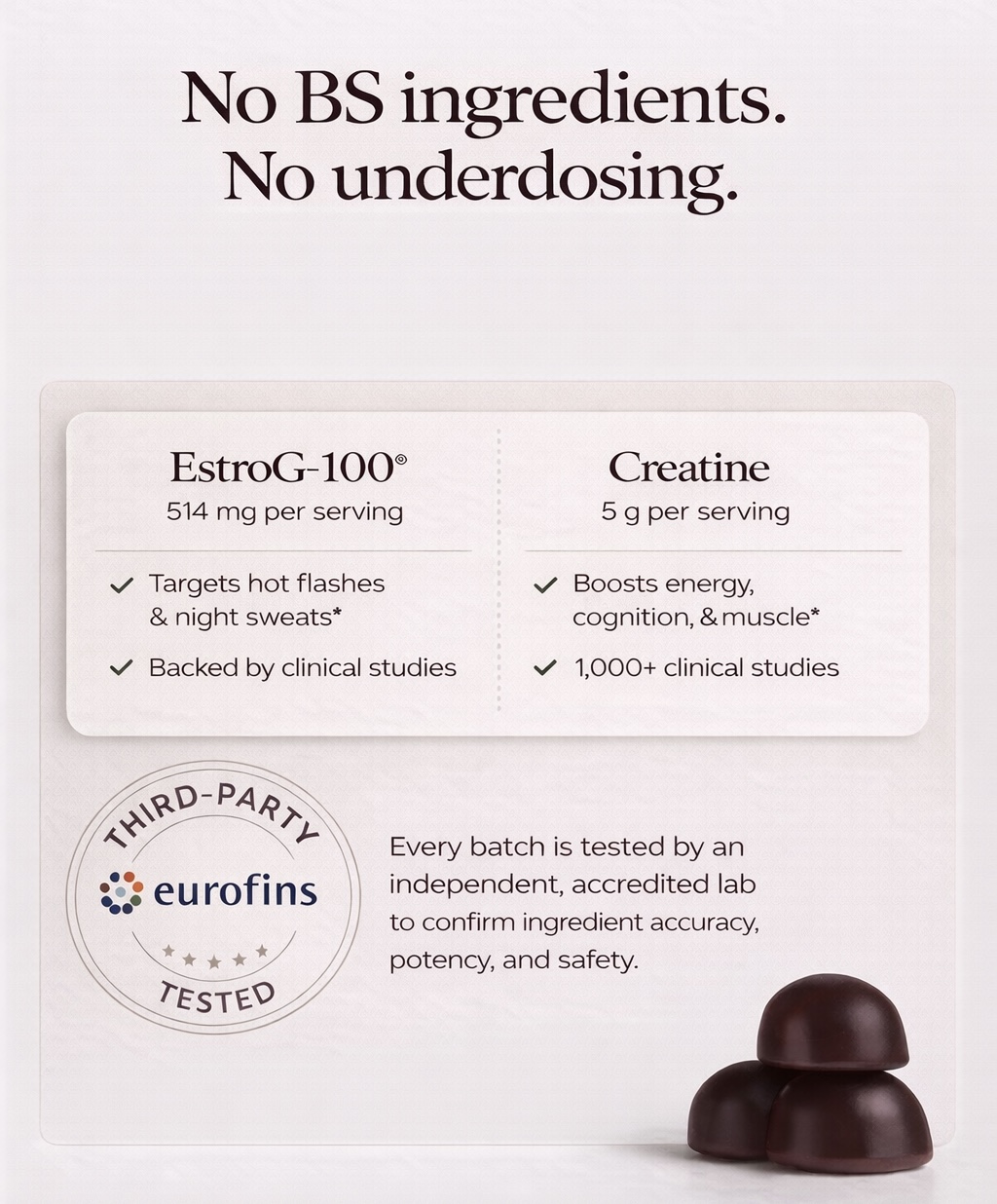 An infographic detailing supplement ingredients and third-party testing, next to two dark, dome-shaped gummies.