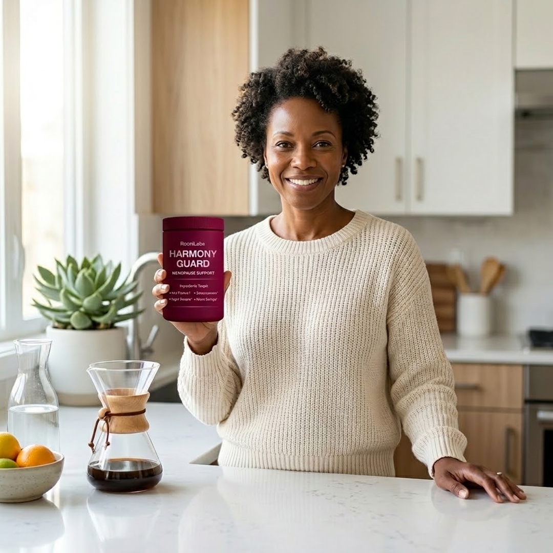 A smiling woman in a cream sweater stands in a kitchen holding a magenta jar of Harmony Guard.