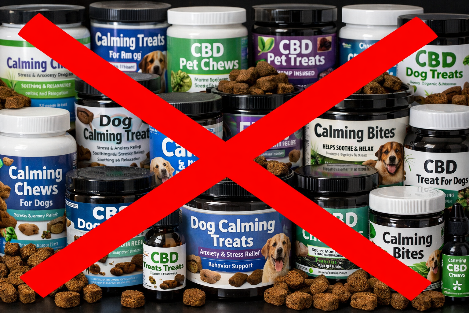 A collection of various dog calming treats and CBD pet chews crossed out with a large red X.