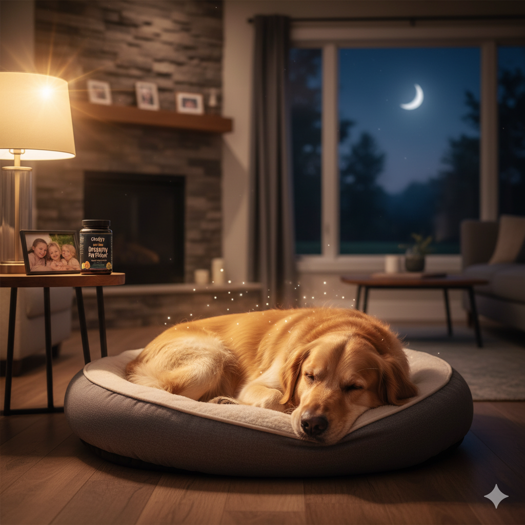 A dog sleeping on a pet bed in a cozy living room at night.