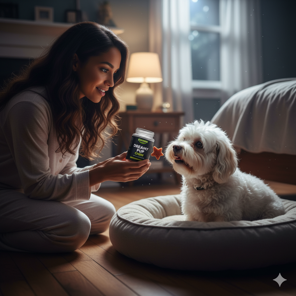 Woman offering treat to a small white dog in a cozy room.