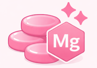 An illustration of a stack of pink tablets next to a pink hexagon with the letters 'Mg'.