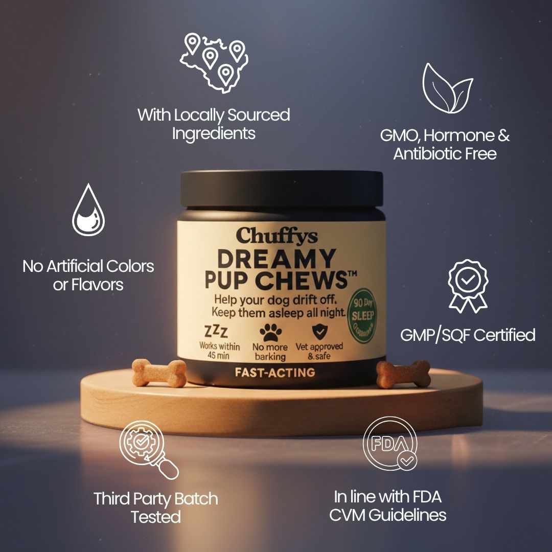 A jar of Chuffys Dreamy Pup Chews on a wooden pedestal, surrounded by icons highlighting product benefits.