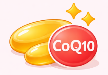An illustration of yellow CoQ10 softgel capsules with a red CoQ10 icon and sparkles.