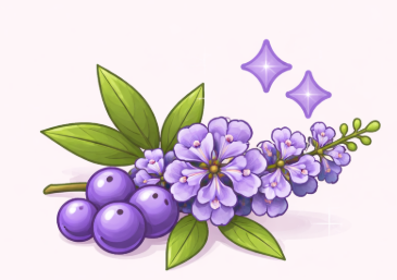 An illustration of a sprig with purple flowers, purple berries, green leaves, and two sparkles.