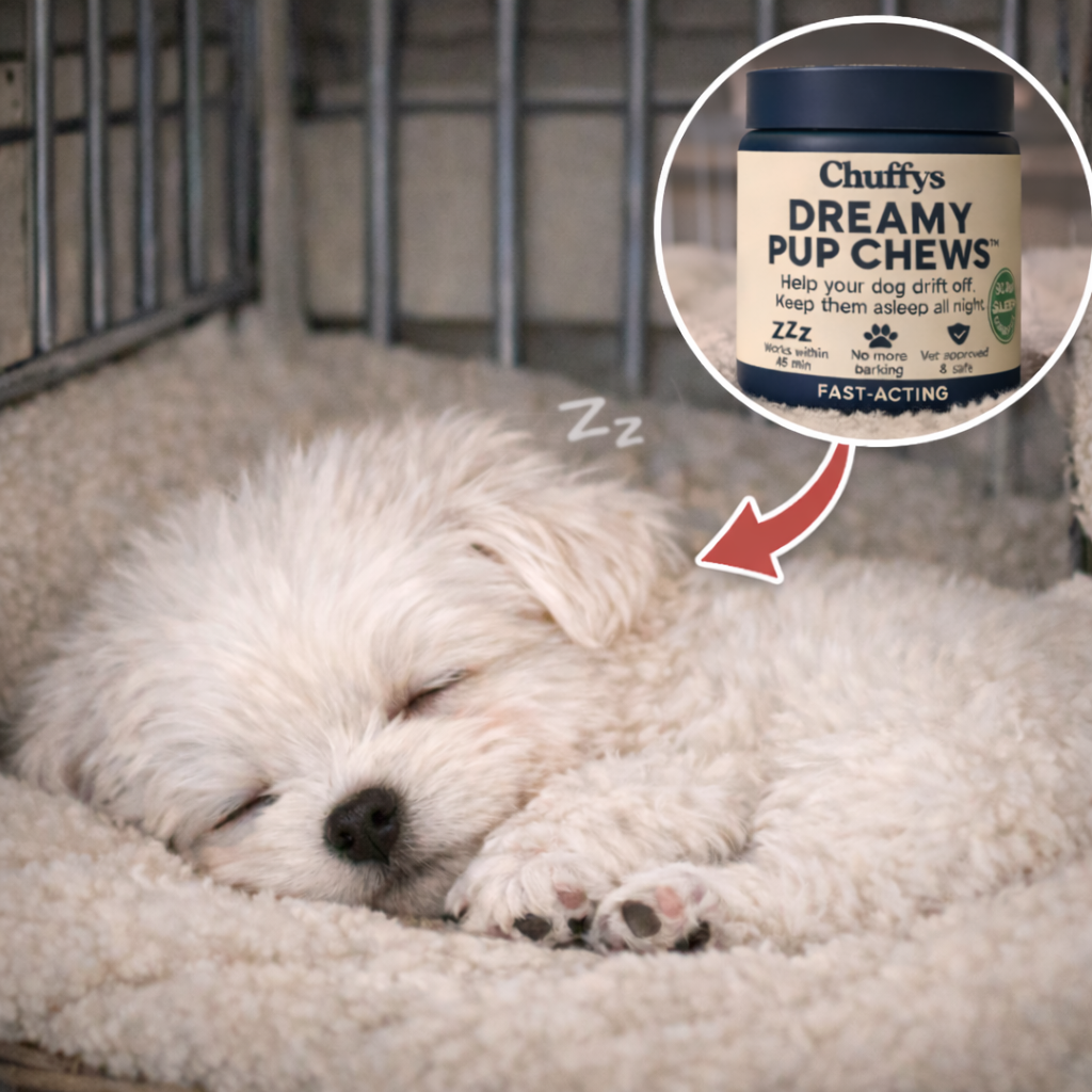 A small white puppy sleeping in a crate, with an ad for 'Dreamy Pup Chews' pointing to it.