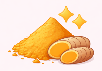 An illustration of a pile of turmeric powder next to a sliced turmeric root, with sparkles.