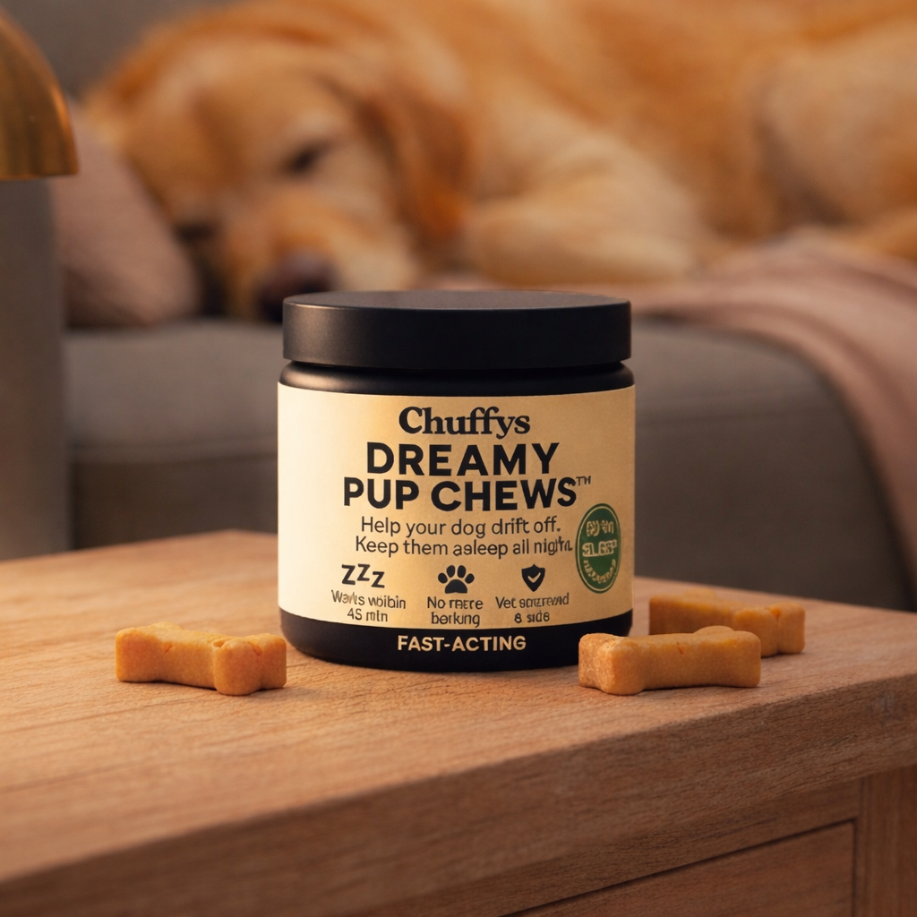 A jar of Chuffys Dreamy Pup Chews sits on a wooden table with a sleeping dog behind it.