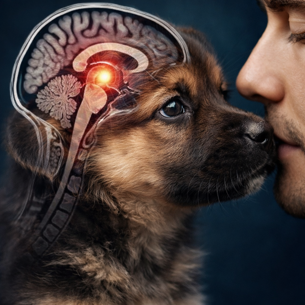 A man nuzzles a German Shepherd puppy with a glowing brain scan superimposed over its head.