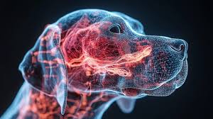 A digital anatomical rendering of a dog's head with glowing red and blue internal systems.