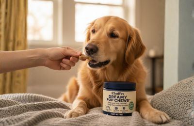 Golden retriever being fed a treat next to a container of dog chews.