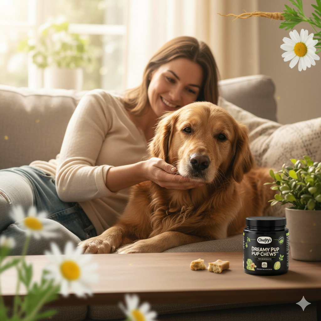 Woman petting a golden retriever on a sofa next to dog treat container.