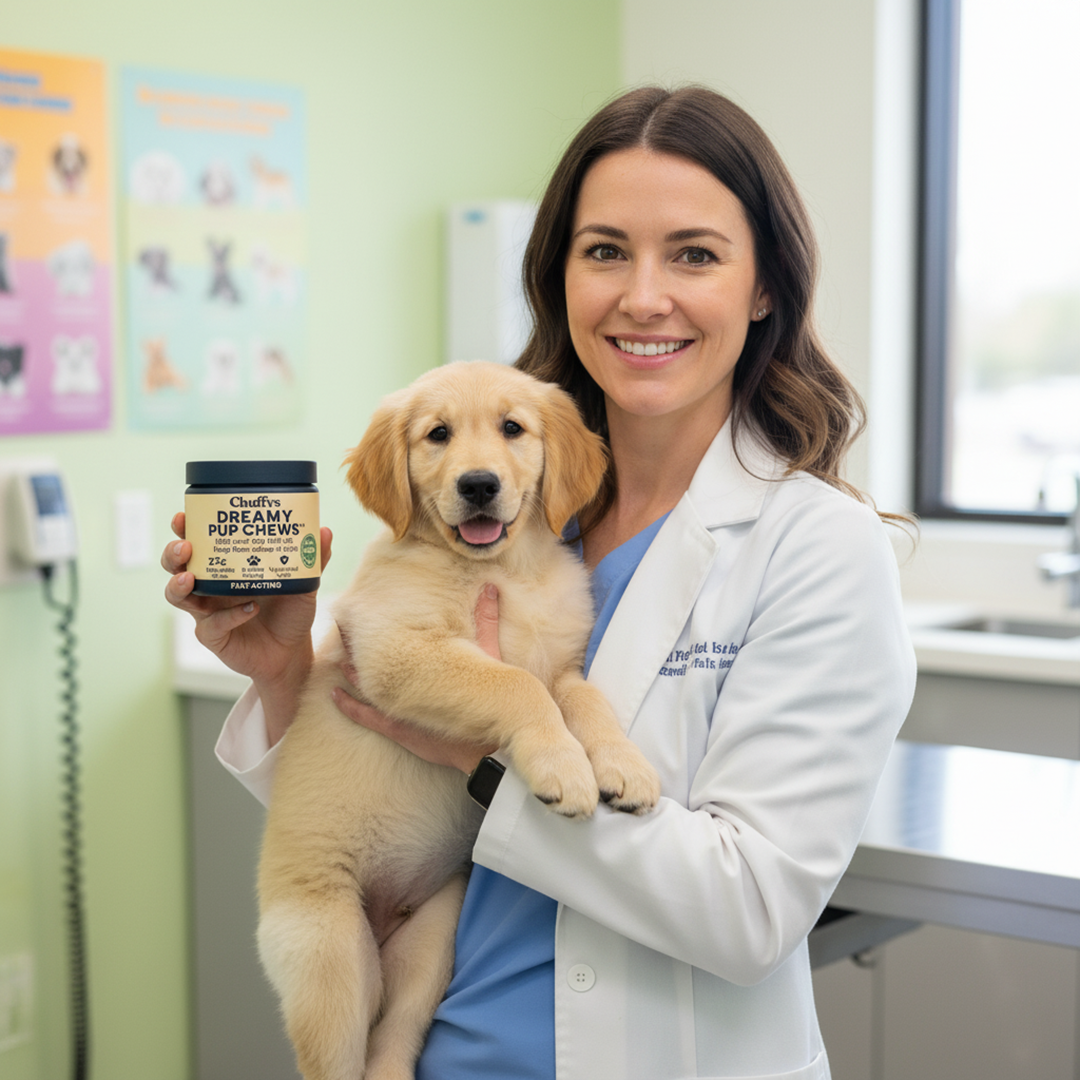 A veterinarian in a white coat holds a golden retriever puppy and a container of pup chews.