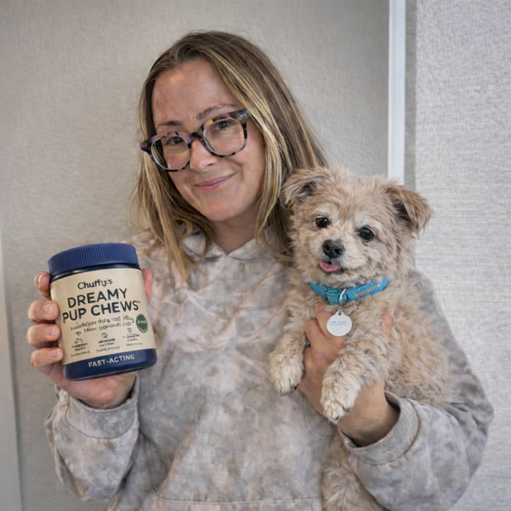 A woman holds a small, fluffy dog and a jar of Chuffy's Dreamy Pup Chews.