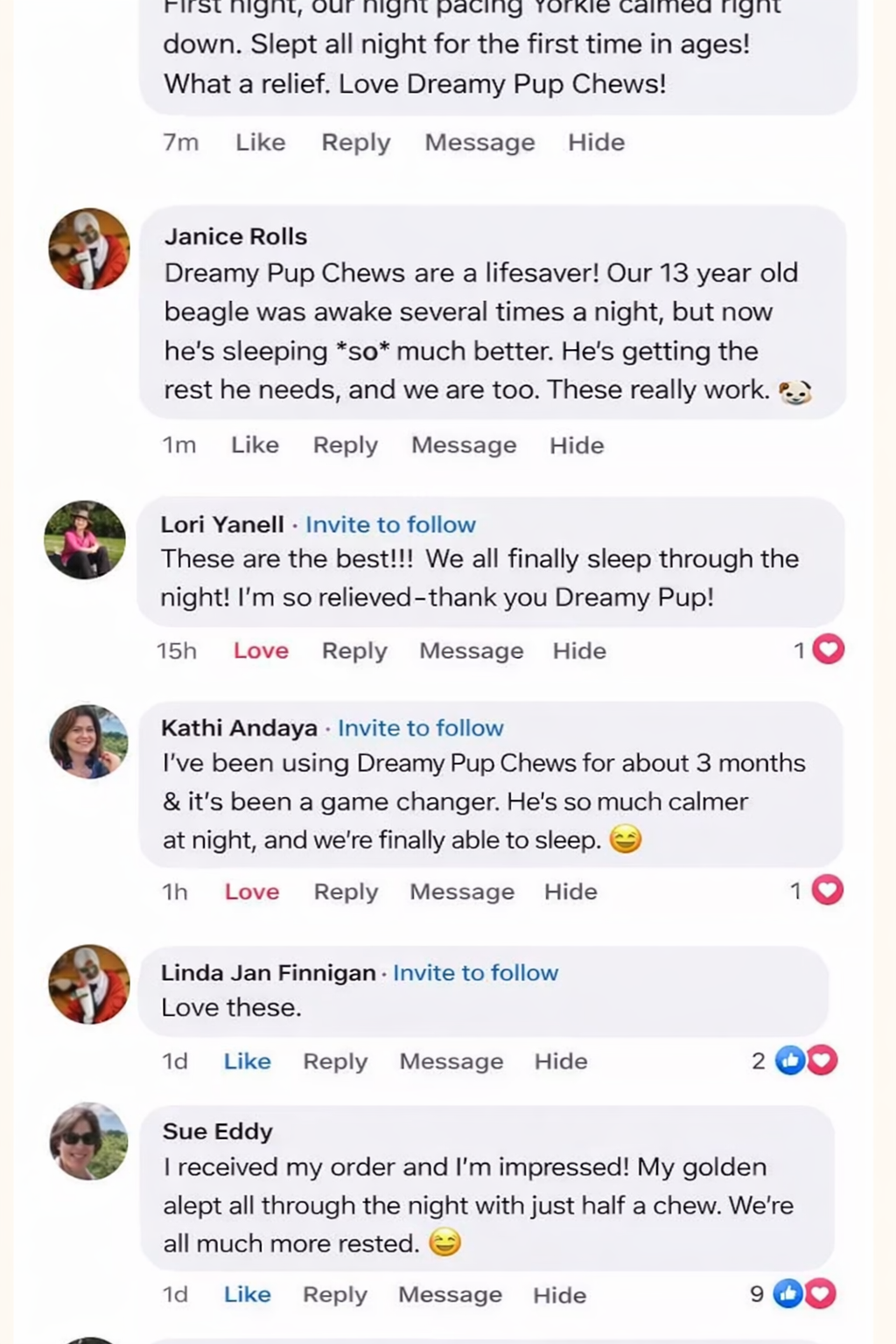 A screenshot of several positive social media comments about 'Dreamy Pup Chews' dog treats.