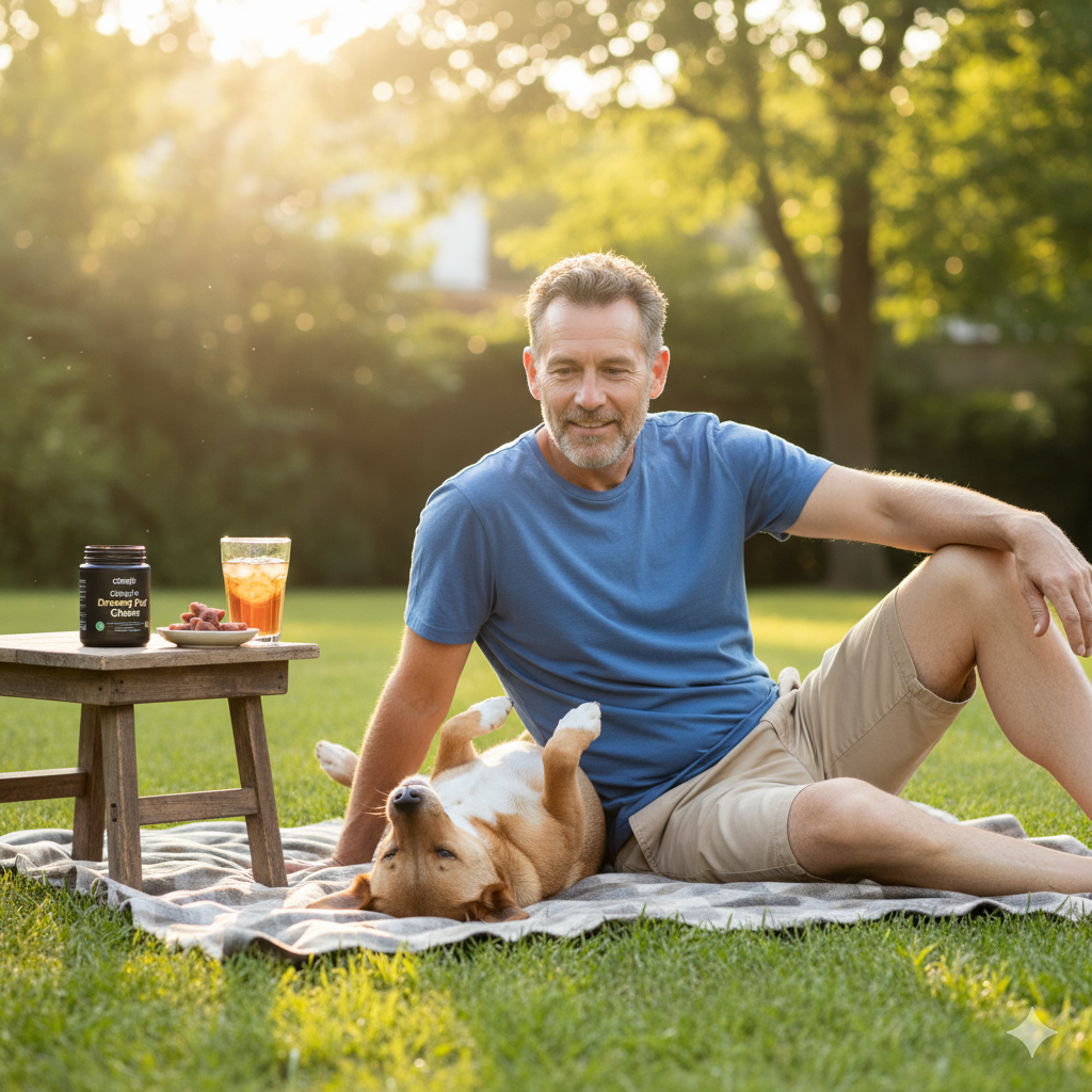 Man sitting on a blanket with a dog beside a small table in a sunny park.