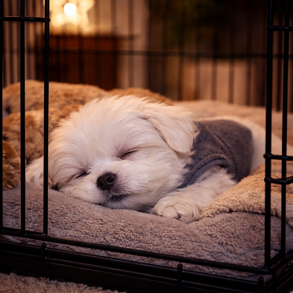 A small, fluffy white puppy wearing a gray sweater sleeps peacefully in a crate.