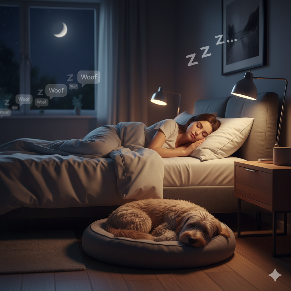 Woman and dog sleeping in a dimly lit bedroom at night.