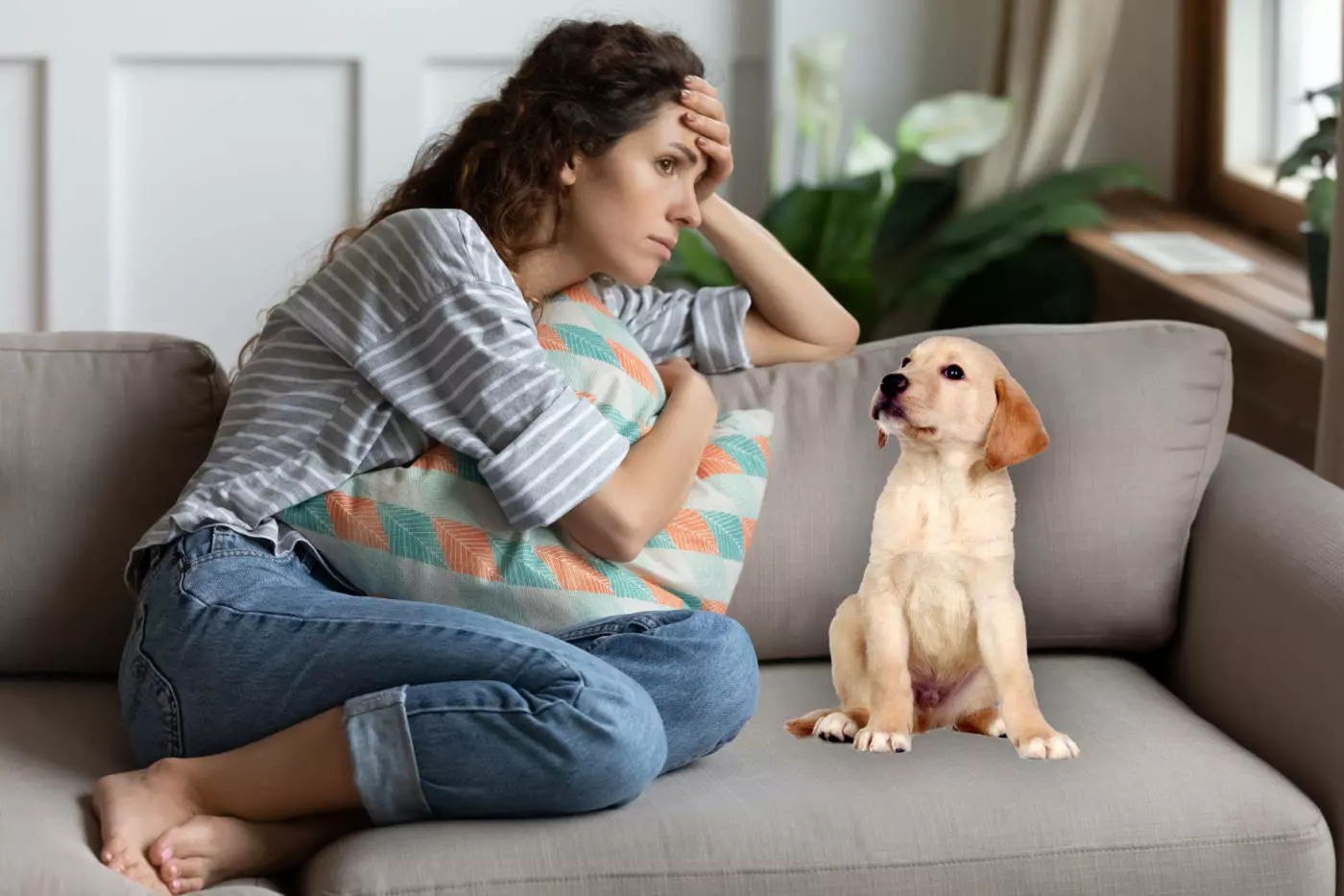 A sad woman sits on a couch with her hand on her forehead, beside a small puppy.