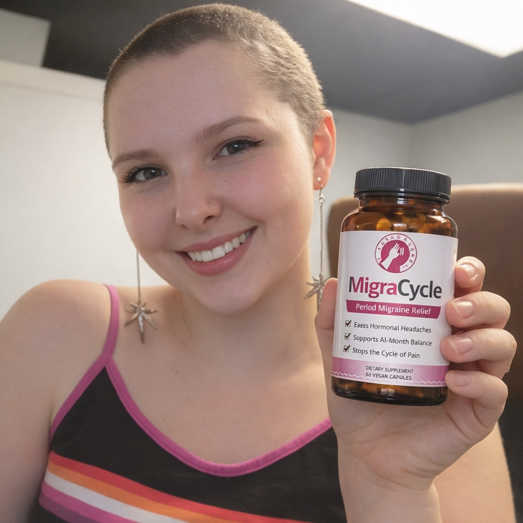 A smiling person with short hair holds a bottle of MigraCycle period migraine relief supplements.