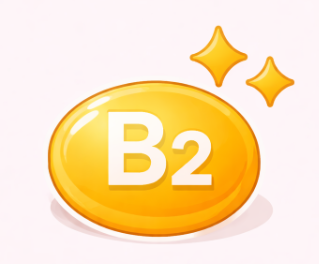 A shiny, yellow, cartoon vitamin B2 pill with two sparkles.