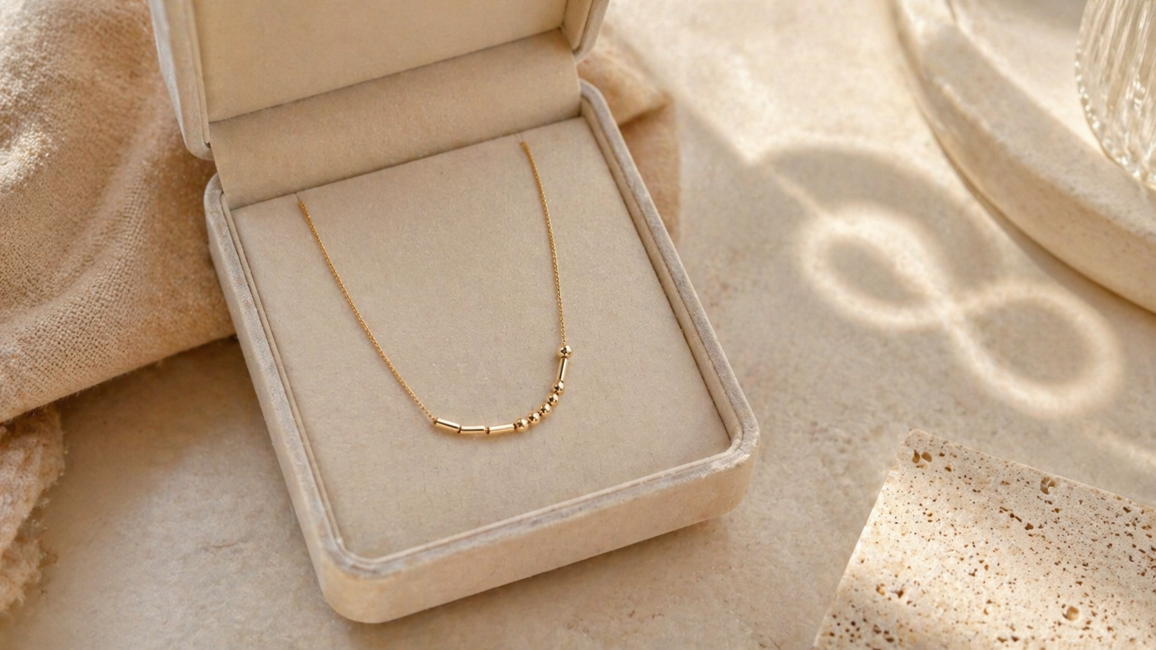 A delicate gold necklace with beads and bars resting in an open, cream-colored jewelry box.